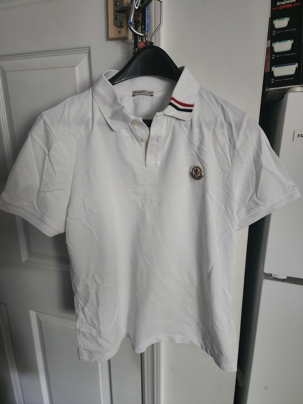 Moncler White Polo with Red and Navy Collar Trim